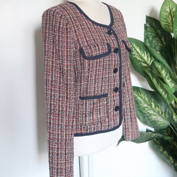 Soaked in Luxury Navy & Tan Tweed Blazer Bouclé Cropped Shoulder Pad Jacket Sz 6 - Picture 5 of 16